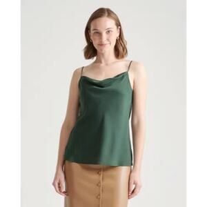 QUINCE Washable Stretch Silk Cowl Neck Cami in Forest Green Size XS